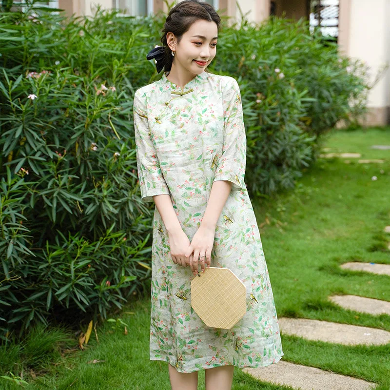 2023 Новый дизайн женских повседневных элегантных платьев в китайском стиле из высококачественного льна с принтом