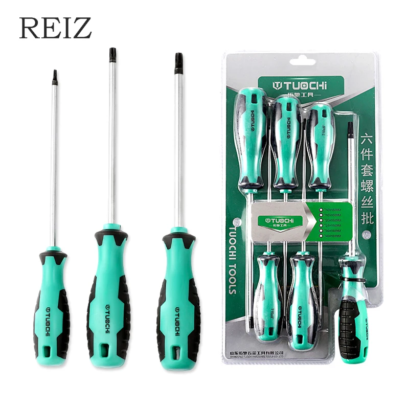 REIZ Набор отверток 6 шт., магнитные прецизионные винтовые биты Torx, полная спецификация, Двухцветная ручка, Набор инструментов для домашнего ремонта.