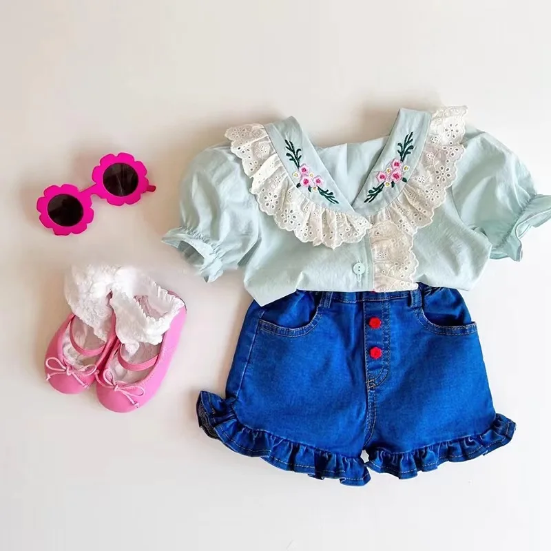 Новые летние рубашки с короткими рукавами для маленьких девочек, блузка с лацканами с цветочной вышивкой Для девочек, Хлопковая футболка, Модная детская одежда