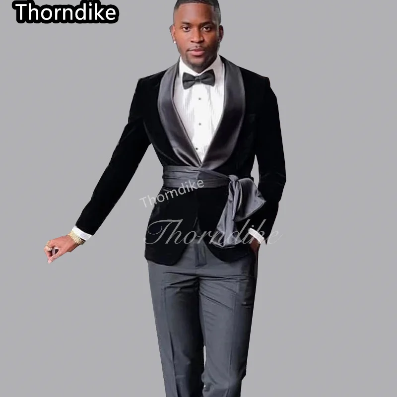Thorndike 2022 Официальный мужской костюм из черного бархата приталенного покроя С поясом и шалью С лацканами Мужская свадебная одежда