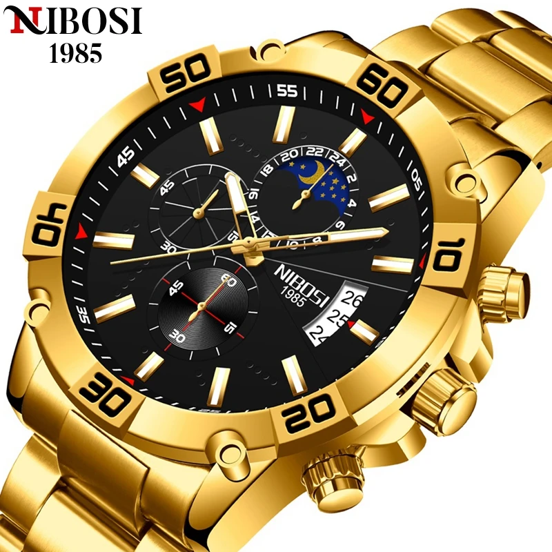 Мужские часы NIBOSI 2022 Модные Золотые Часы с хронографом Для мужчин, светящиеся Водонепроницаемые Часы с фазой Луны, Мужские Relogio Masculino