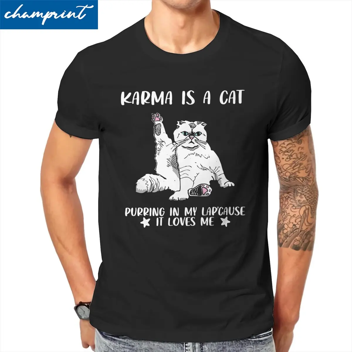 Karma-кошка, мурлыкающая у меня на коленях, забавные футболки для любителей кошек, мужские футболки из чистого хлопка, футболка с круглым вырезом и коротким рукавом, подарочная одежда