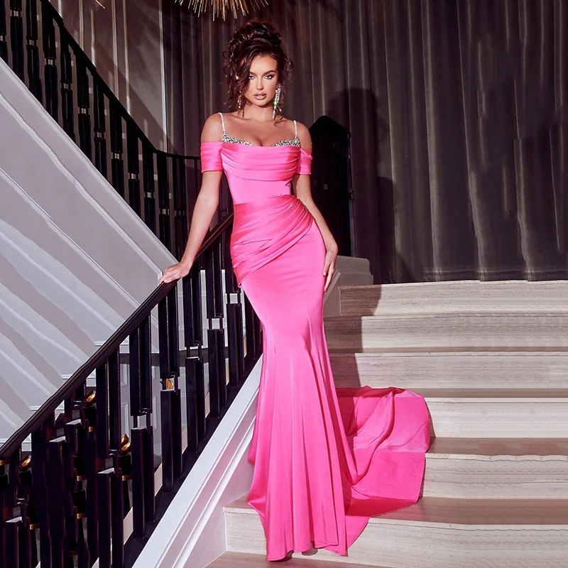 Тонкие розовые платья Русалки для выпускного вечера с открытыми плечами, расшитые бисером, Вечерние платья, Элегантные платья для коктейлей в пол, большие размеры