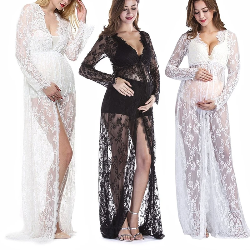 Сексуальное кружевное длинное платье с разрезом спереди для беременных, прозрачные платья для фотосъемки, Макси Платье для душа ребенка, шлейф Vestidos
