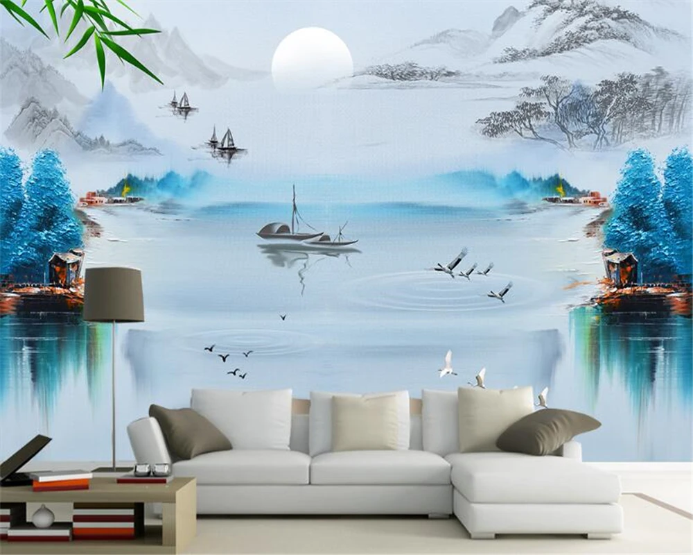 beibehang Новая китайская творческая личность обои Тушь пейзаж птицы синий абстрактный фон декоративная живопись обои