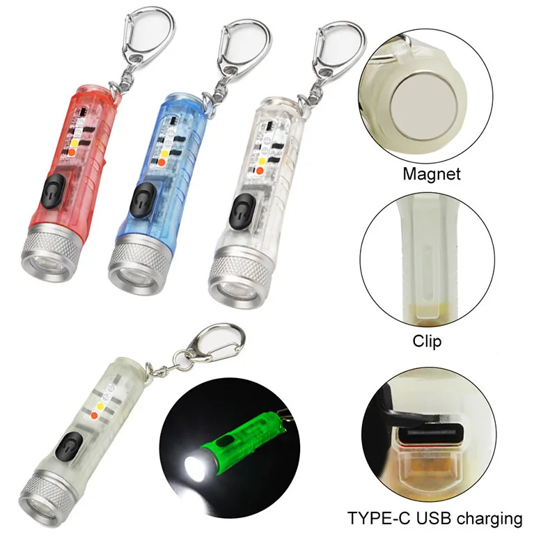 Мини светодиодный фонарик-брелок для ключей, USB-фонарик для зарядки, Маленькое портативное водонепроницаемое освещение для походов на открытом воздухе, Карманный магнитный фонарик для кемпинга