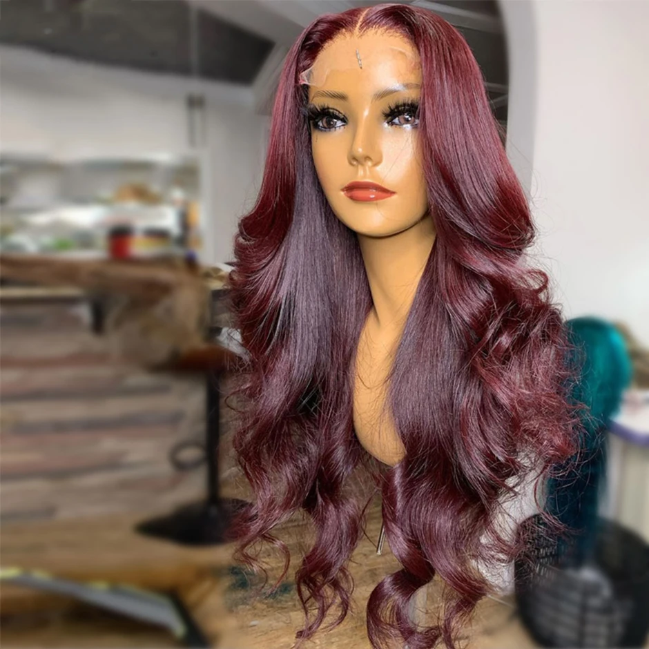 Бордовые Объемные волнистые парики из натуральных волос на кружеве для чернокожих женщин, парики на кружеве 13x4, темно-красные объемные волнистые парики Remy Hair