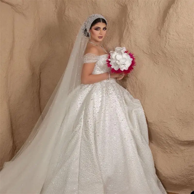 Свадебные платья трапециевидной формы с крупным жемчугом для арабских женщин, с открытыми плечами, пышным шлейфом, большие размеры, свадебные платья для вечеринок, Robe De Marriage