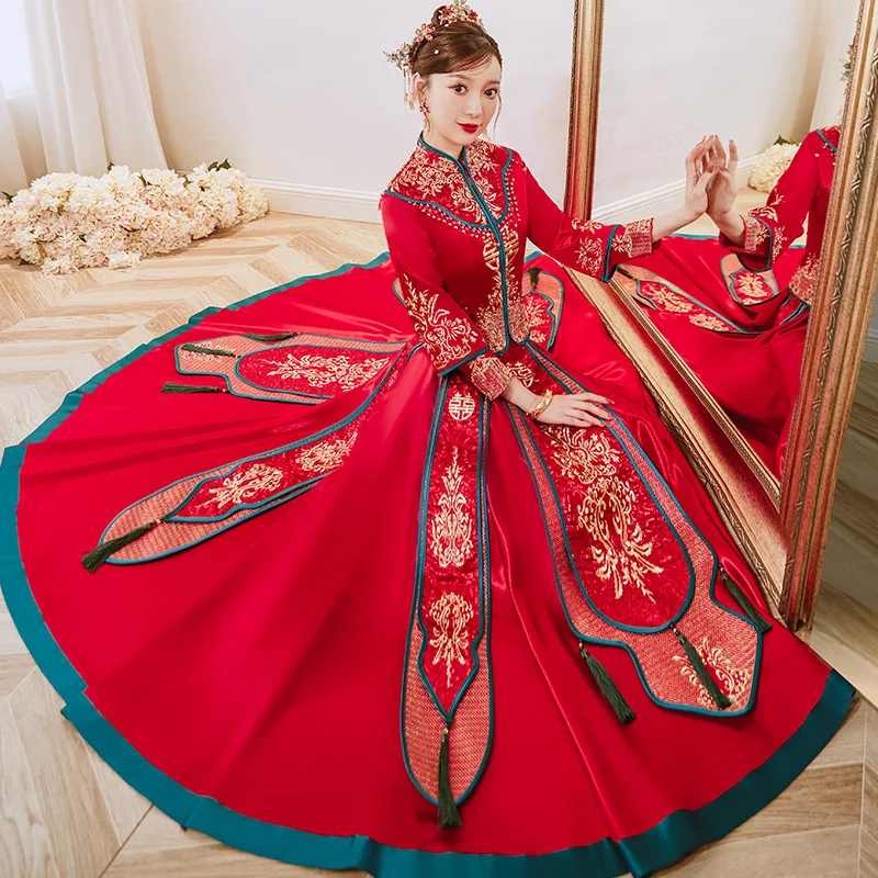 Осеннее Традиционное Свадебное Платье Жениха и Невесты В стиле Ретро С Изысканной Китайской Вышивкой Marry Cheongsam Свадебное платье