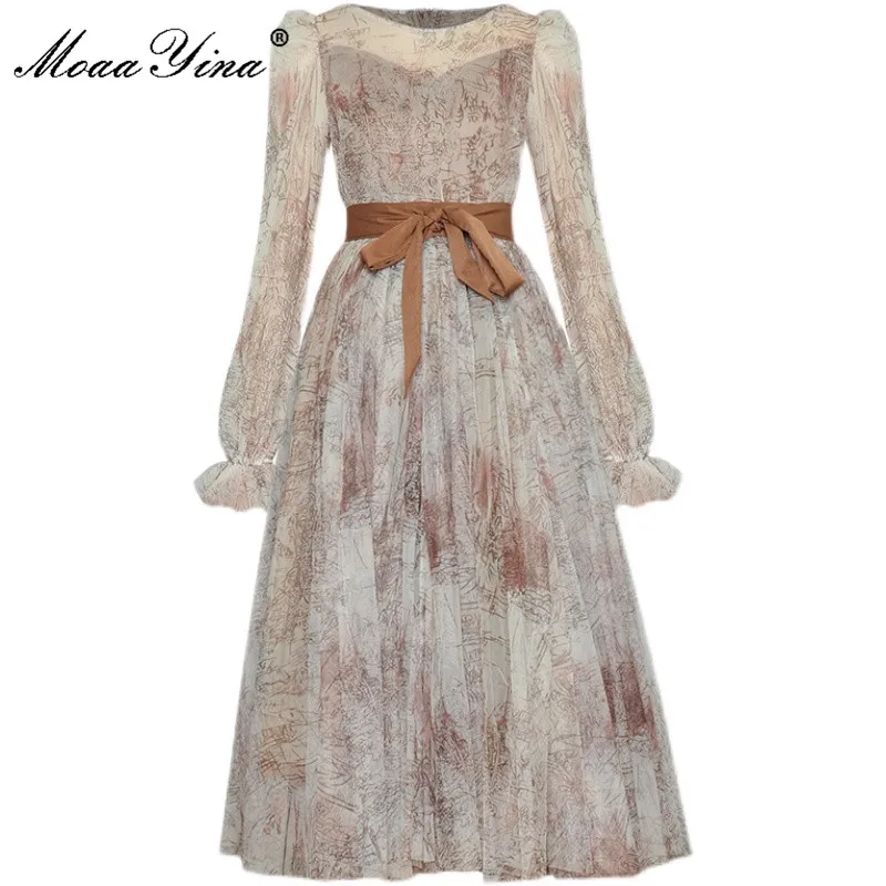 Модное дизайнерское платье MoaaYina, весеннее женское платье, сетчатое винтажное бальное платье со шнуровкой и винтажным принтом