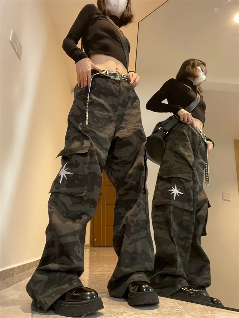 Винтажные камуфляжные женские брюки-карго с гранжевой талией в стиле хип-хоп, спортивные штаны Унисекс, джоггеры, брюки с карманами, Широкие брюки, панталоны