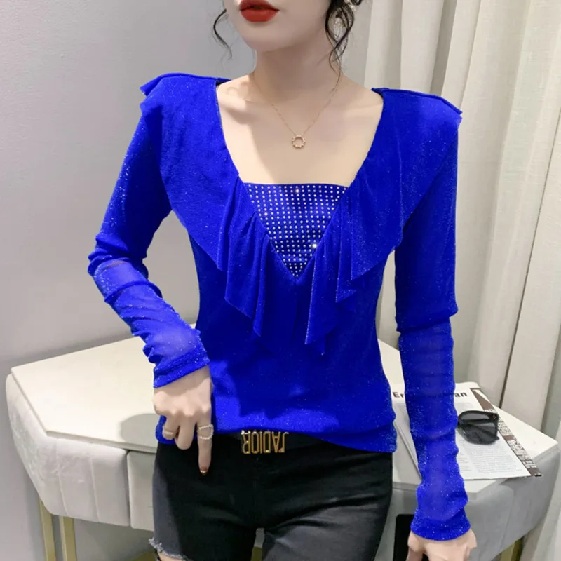 Черно-синяя женская футболка из эластичной сетки с квадратным воротником, оборками, бриллиантами, тонкая облегающая базовая короткая женская футболка в корейском стиле