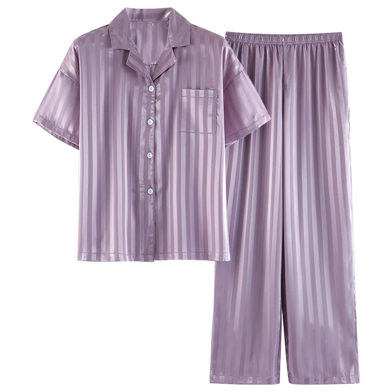 Женские брюки с коротким рукавом, пижамный костюм из 2 предметов, домашняя одежда в фиолетовую полоску, повседневная пижама из шелка льда, весна-осень, свободные пижамы