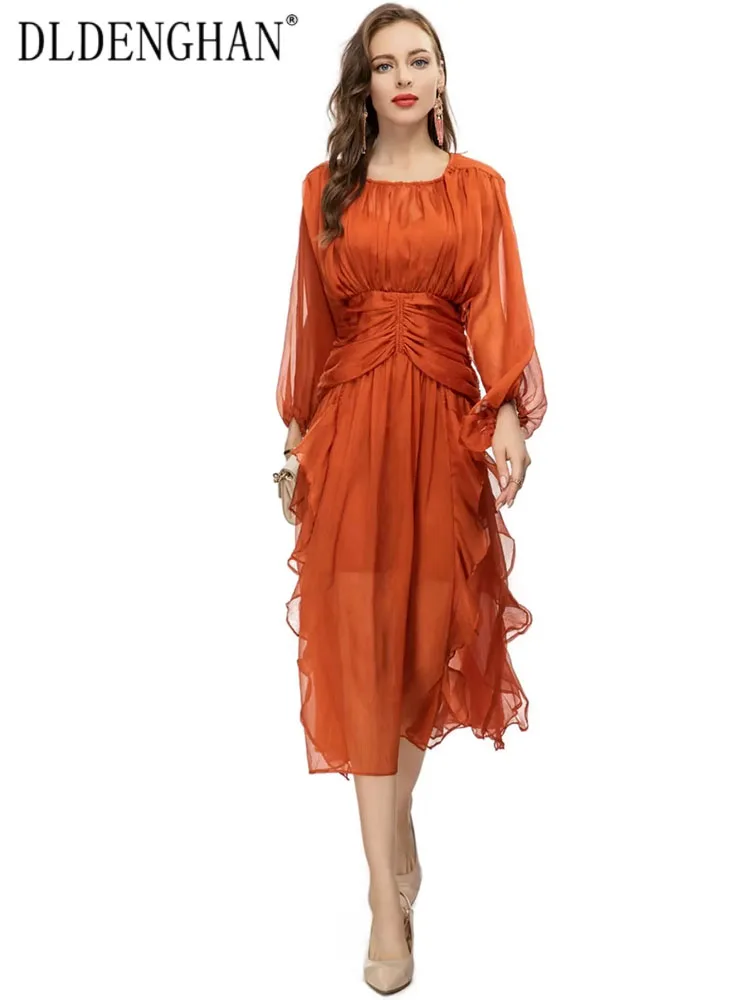 DLDENGHAN/ весенне-летнее женское платье с круглым вырезом, рукавом-фонариком, оборками, складками, богемные платья для отдыха, новинка подиума