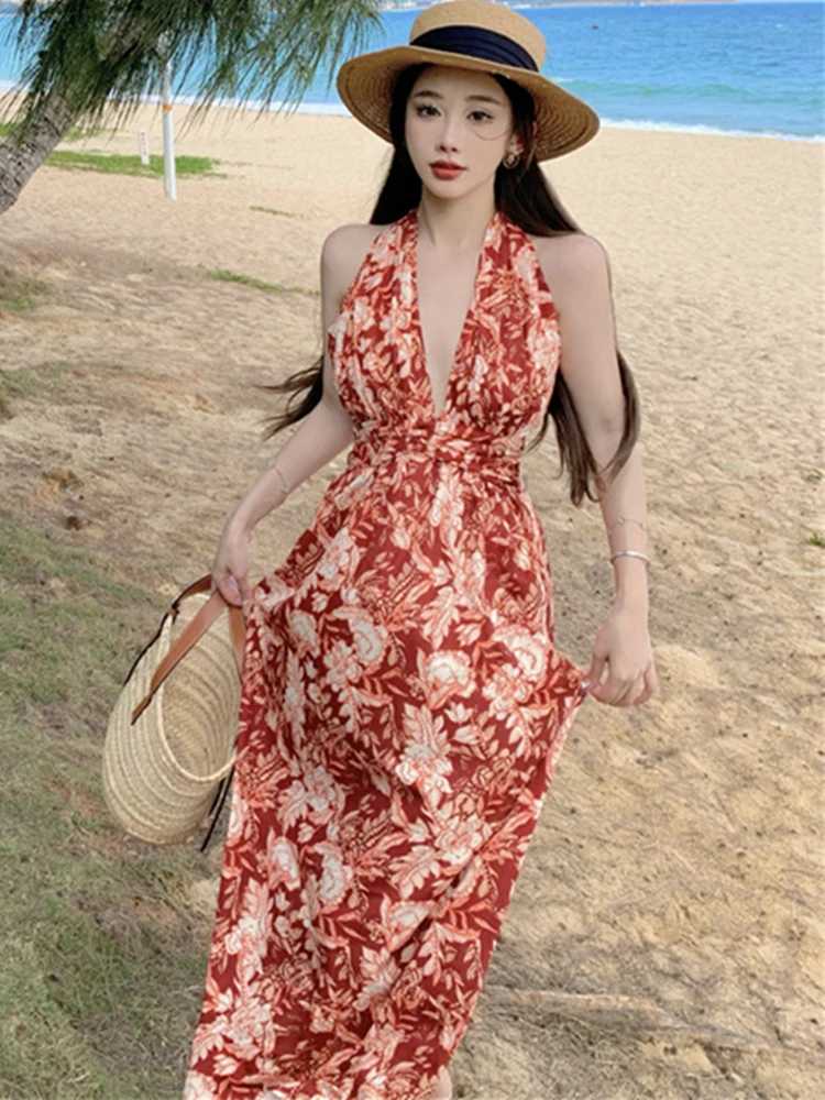 Летнее Новое Элегантное платье-бандаж с принтом Миди, женское Винтажное Цельнокроеное Модное Сексуальное платье для пляжной вечеринки, праздничного платья, женский халат