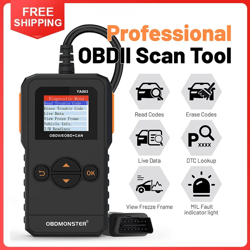 Сканер OBDMONSTER OBD II Профессиональный считыватель кода неисправности двигателя OBD2, может выполнять диагностическое сканирование для всех автомобилей по протоколу OBD II