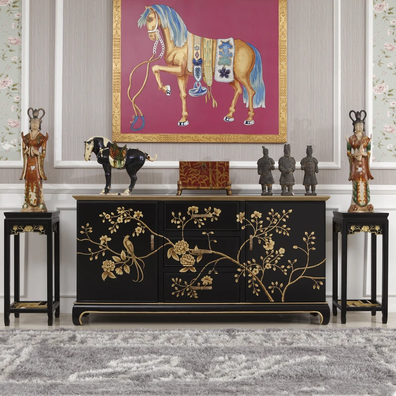 Французская ретро-китайская роспись черным золотом 1,8 м, мебель для веранды, сервант для гостиной на вилле из массива дерева.