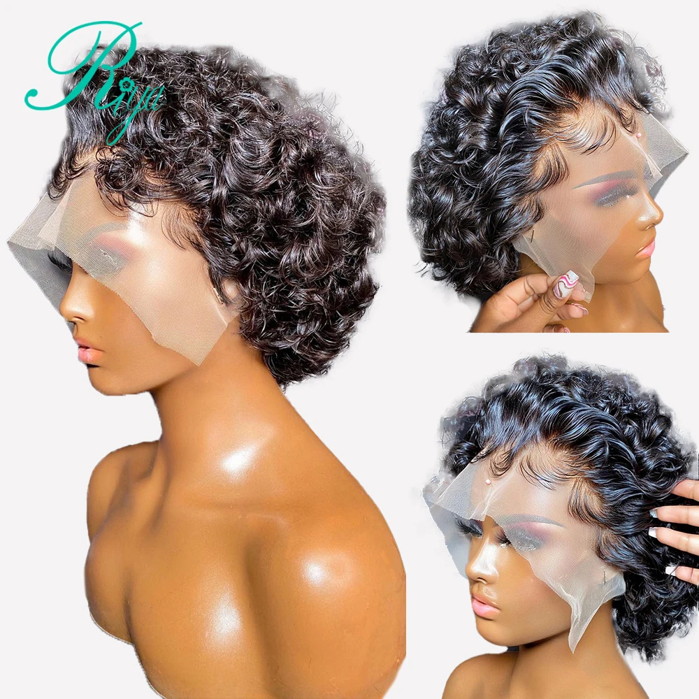 Короткие парики с невидимой кружевной застежкой из человеческих волос с эффектом пикси и водной волной спереди для чернокожих женщин, предварительно выщипанные бразильские волосы