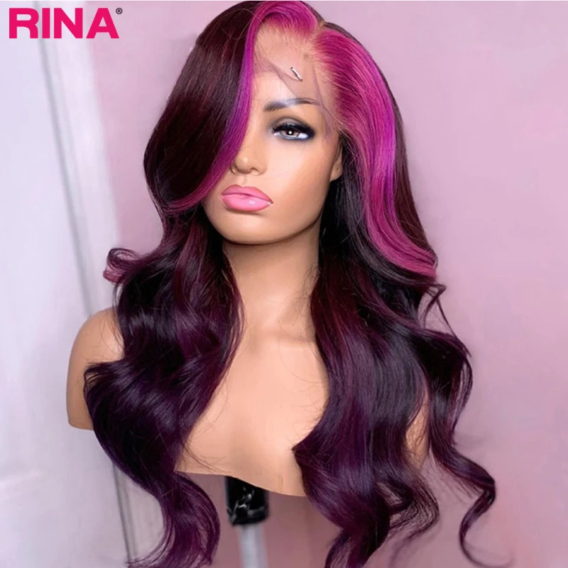 Парик Rina Розово-фиолетового цвета с объемной волной, кружевной Парик спереди, для женщин, Перуанские Парики из натуральных волос 13x4, Кружевной Фронтальный фиолетовый парик