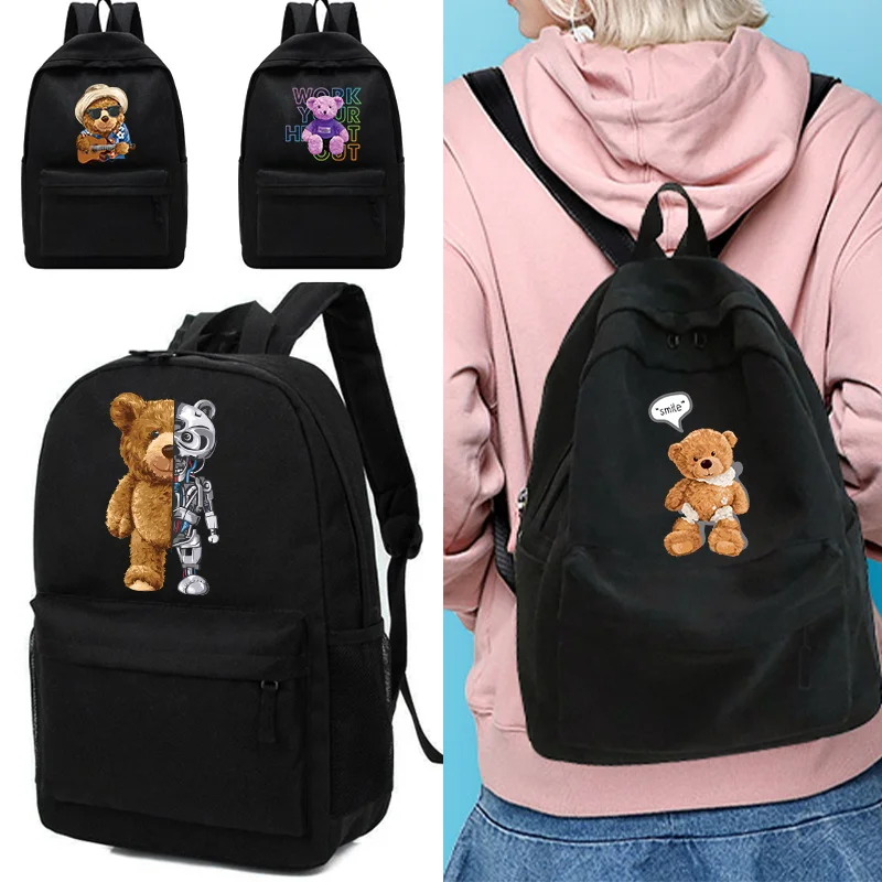Рюкзак для ноутбука большой емкости, рюкзак Унисекс, повседневный походный рюкзак с принтом Медведя, уличная черная спортивная школьная сумка