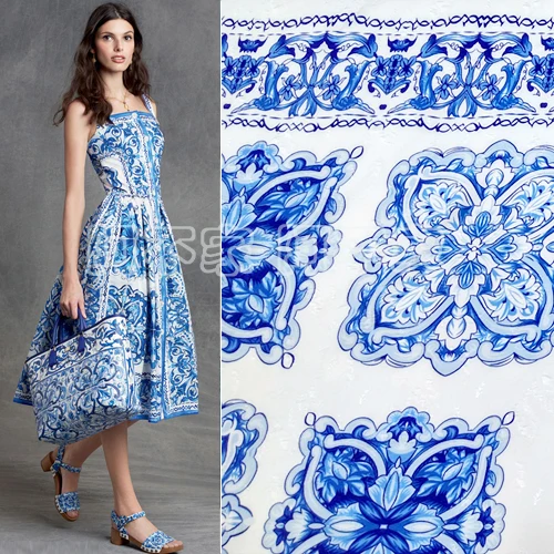 Голубое сине-белое фарфоровое платье, одежда,высококачественная женская ткань с принтом, мягкий жаккард, микроэластичная ткань с принтом.