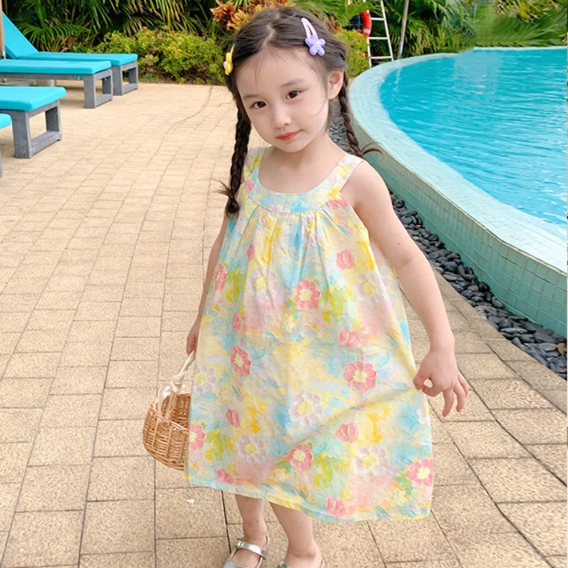 Летние платья-слинги для девочек 2-8 лет Детская одежда Платье с воротником-стойкой для маленьких девочек Наряд принцессы Праздничное пляжное платье