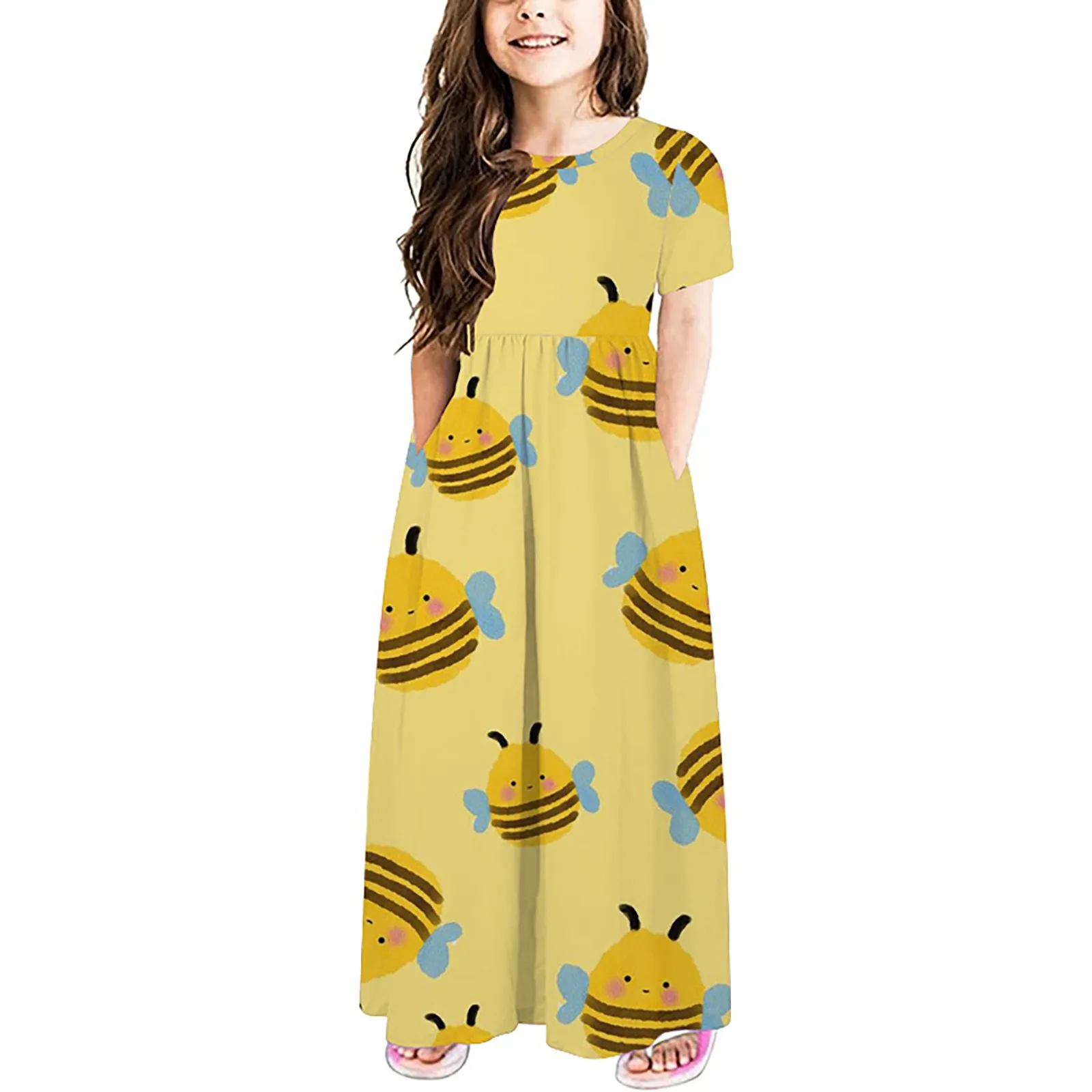 Летнее платье для маленьких девочек с милым мультяшным принтом, коротким рукавом, удобное и мягкое, подходит для весны-лета и платья для девочек 4 лет