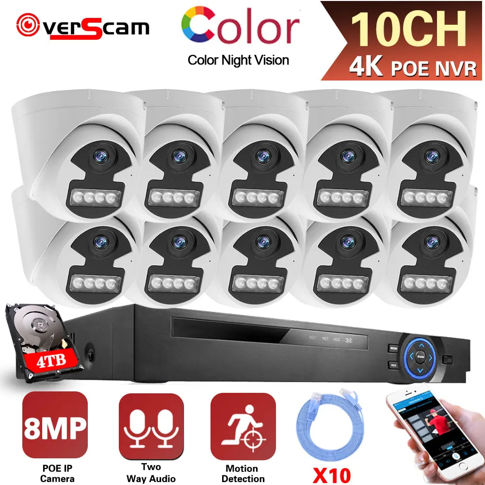 Система Видеонаблюдения 8MP 4K 10CH POE NVR Kit Аудиозапись Наружного Искусственного Интеллекта Цветного Ночного Видения Комплект IP-камер Видеонаблюдения
