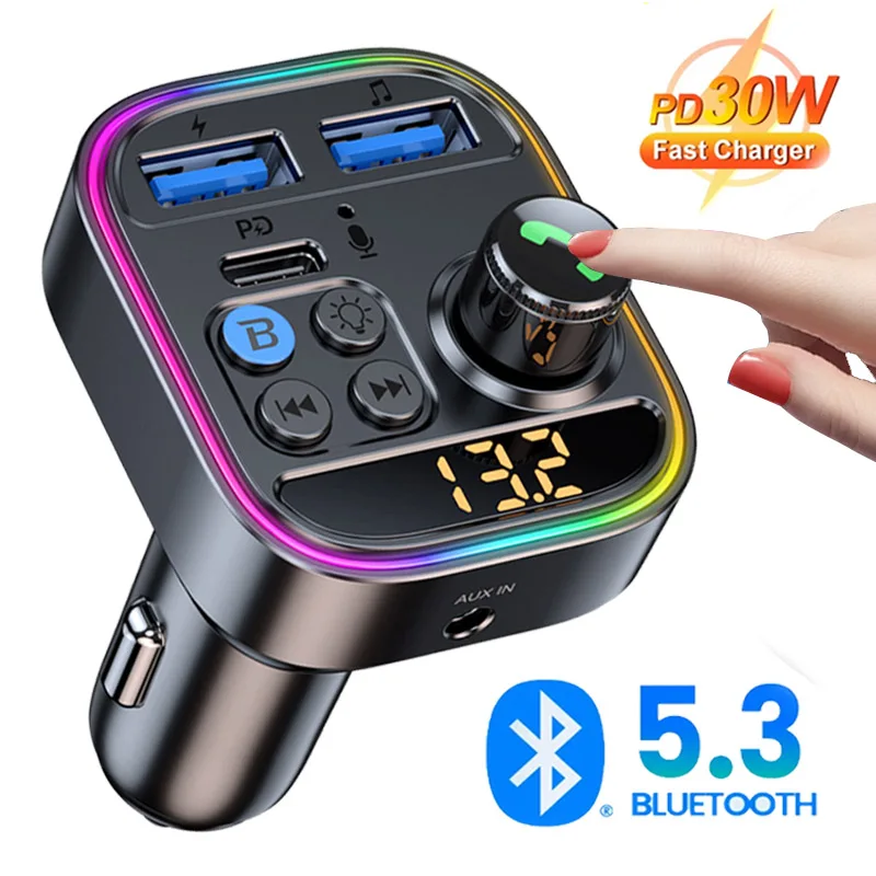 2023 Bluetooth 5.3 Автомобильный Беспроводной FM-передатчик Радиоадаптер PD30W QC3.0 Быстрая Зарядка Автомобильный MP3 U Диск Музыкальный Плеер RGB Light