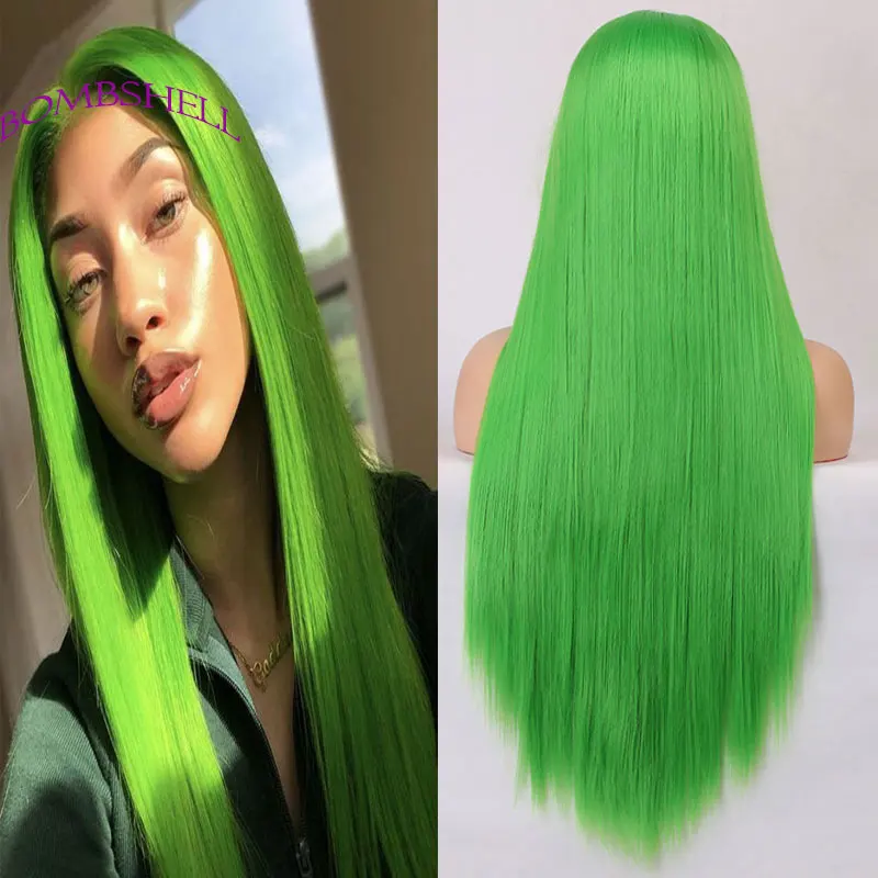 Парик из синтетических волос на кружеве спереди Светло-зеленого цвета, прямое термостойкое волокно, натуральные волосы без пробора для белых женских париков