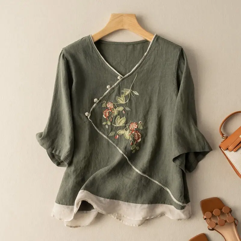Летняя женская рубашка с коротким рукавом, блузка Ципао с цветочной вышивкой в китайском стиле, винтажный топ-Чонсам с V-образным вырезом, Классические хлопковые топы