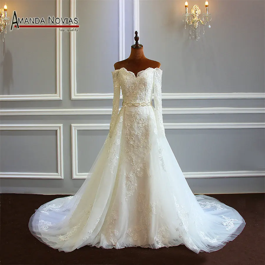 Свадебное платье со съемной юбкой С пышными кружевными рукавами Свадебное платье