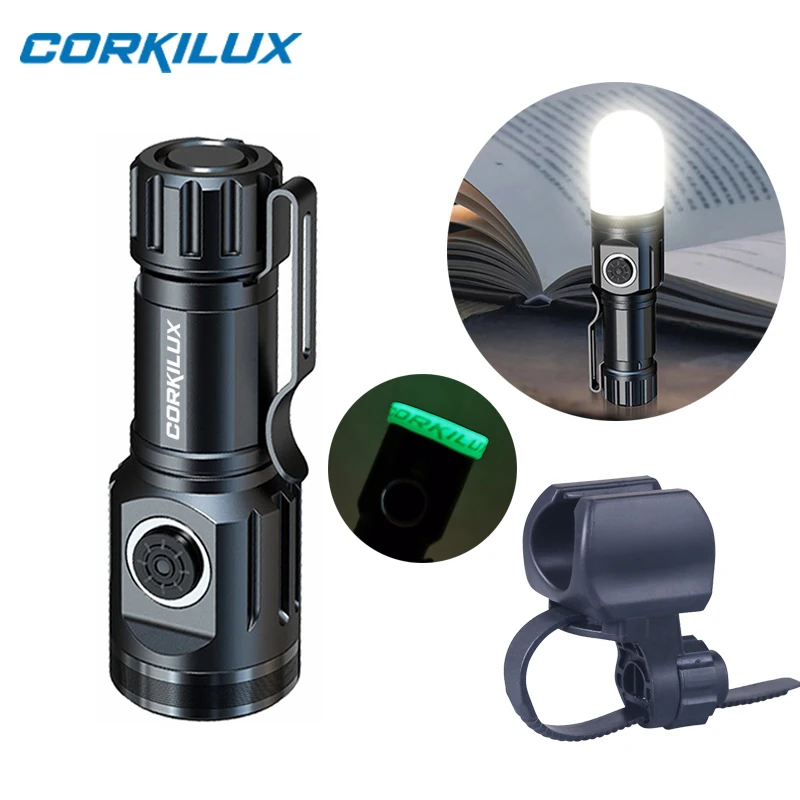 CORKILUX Маленький Мощный Брелок EDC Светодиодный Фонарик с держателем велосипедного фонаря, Рассеиватель, Зарядка через USB-C, Походная лампа, Фонарь Lanterna