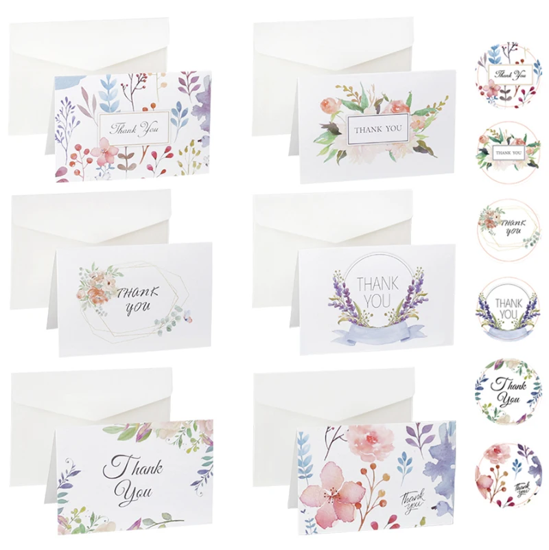 6 комплектов цветочных благодарственных открыток, пустых внутри с конвертами, наклейками для вечеринки, свадьбы, Душа ребенка, цветочных складных открыток