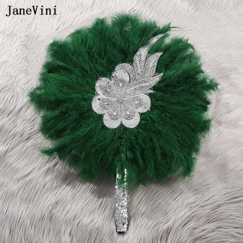 JaneVini, Африканское перо Индейки, Зеленые Букеты невесты, Веер с блестками, Веер из искусственных перьев для украшения танцевальной свадьбы.