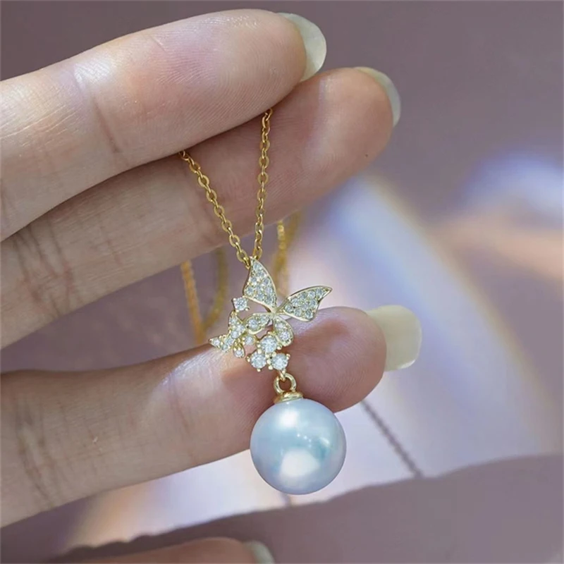 MeiBaPJ 9-10 мм натуральный круглый жемчуг Модное ожерелье с подвеской-бабочкой из серебра 925 пробы, изысканные свадебные украшения для женщин