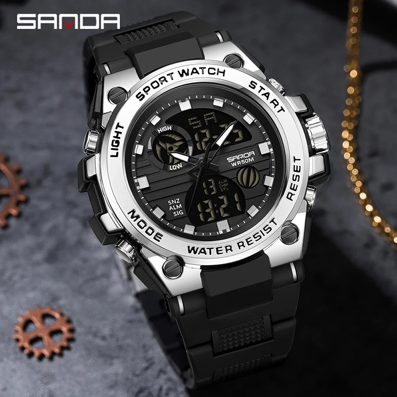 SANDA Новые мужские часы Спортивные 50-метровые водонепроницаемые светодиодные цифровые аналоговые часы с двойным временем, секундомер, дисплей недели, повседневные мужские наручные часы