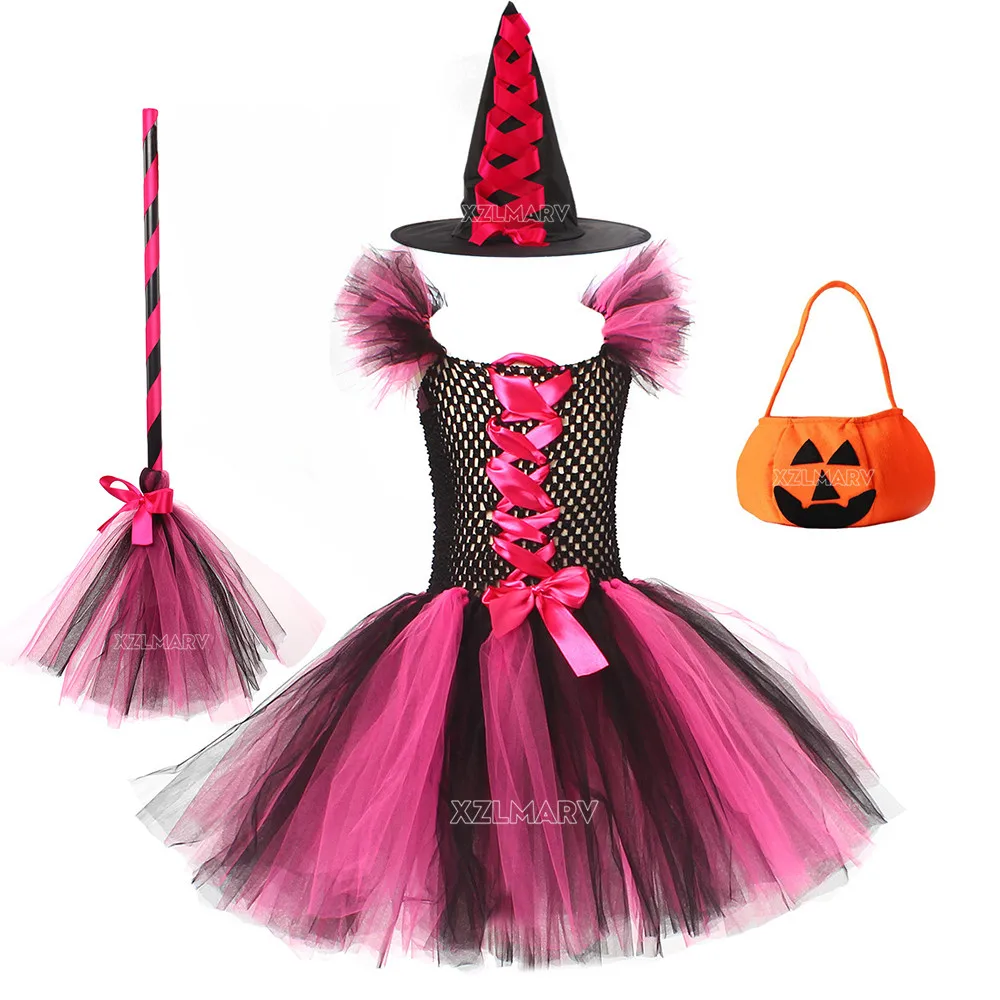 2023 Маскировочный костюм ведьмы для девочек, платье-пачка до колен на Хэллоуин, шляпа, колготки с метлой, детский карнавальный комплект одежды для косплея и вечеринки