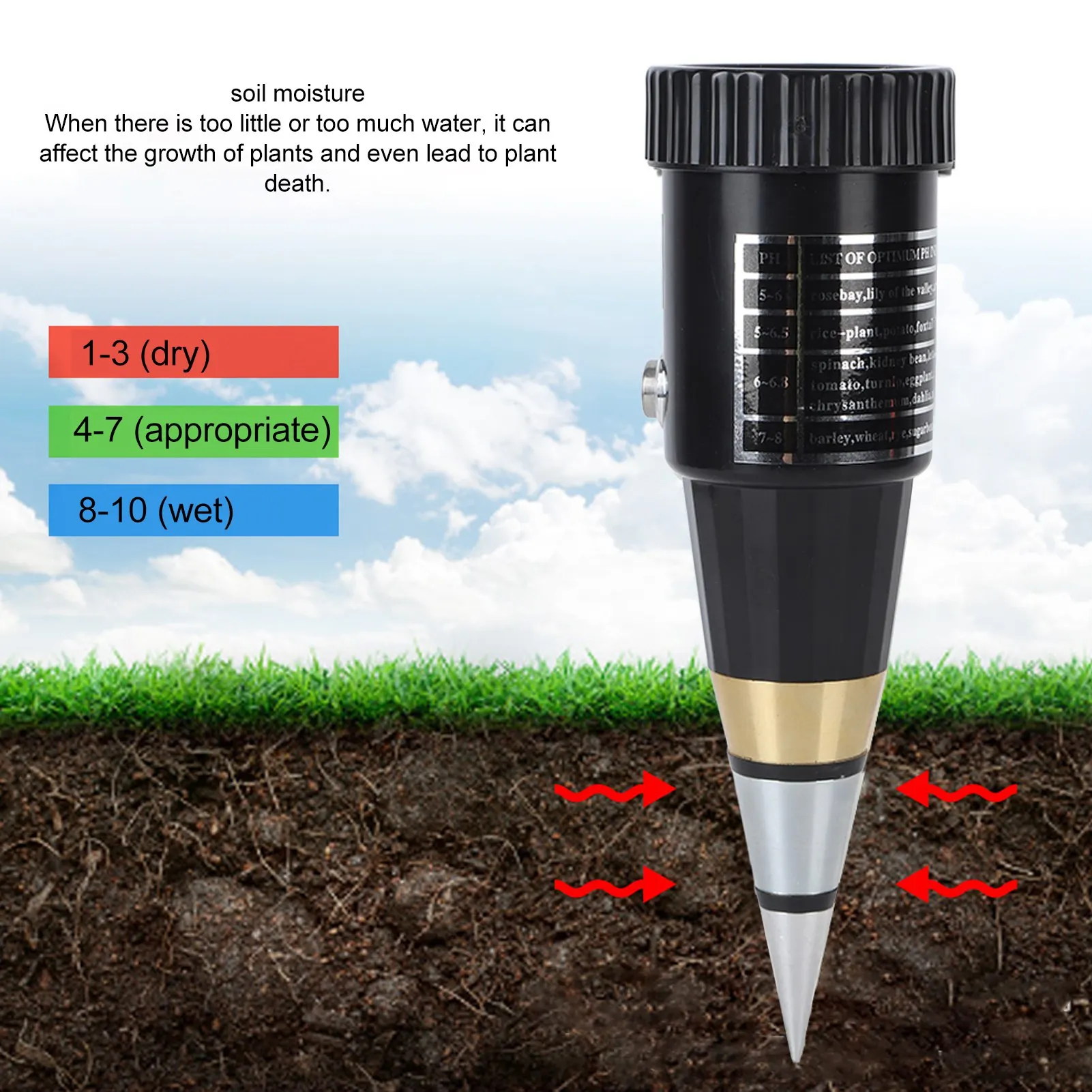 Конусный тестер влажности почвы 2 в 1, измеритель PH влажности, измеритель влажности, детектор PH для наружных растений
