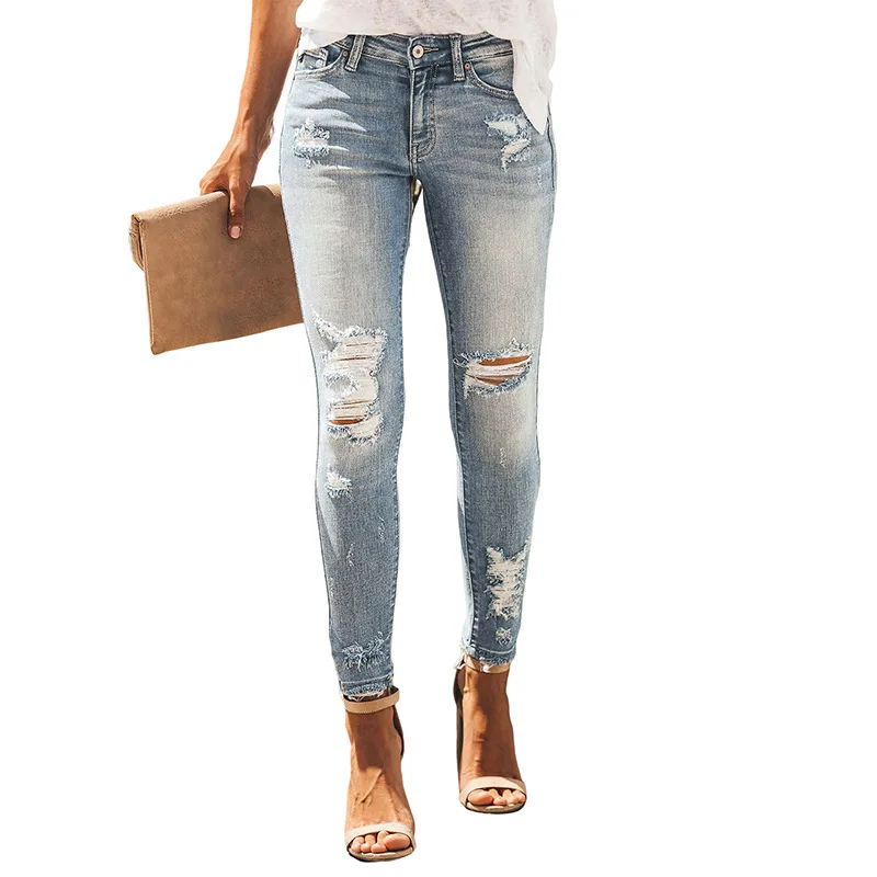 Новые рваные прямые джинсовые брюки в уличном стиле с высокой эластичностью, женские джинсы Super Hot Jeans