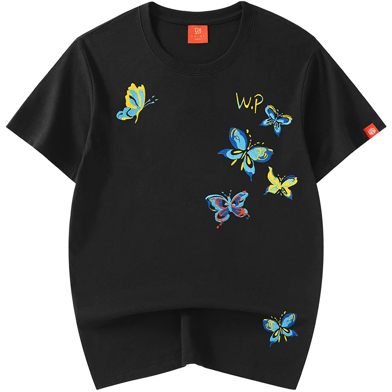 Летняя футболка, мужская уличная одежда, футболка с вышивкой бабочкой, Harajuku, Повседневные хлопковые футболки с коротким рукавом и круглым вырезом, молодежная пара, Модные футболки