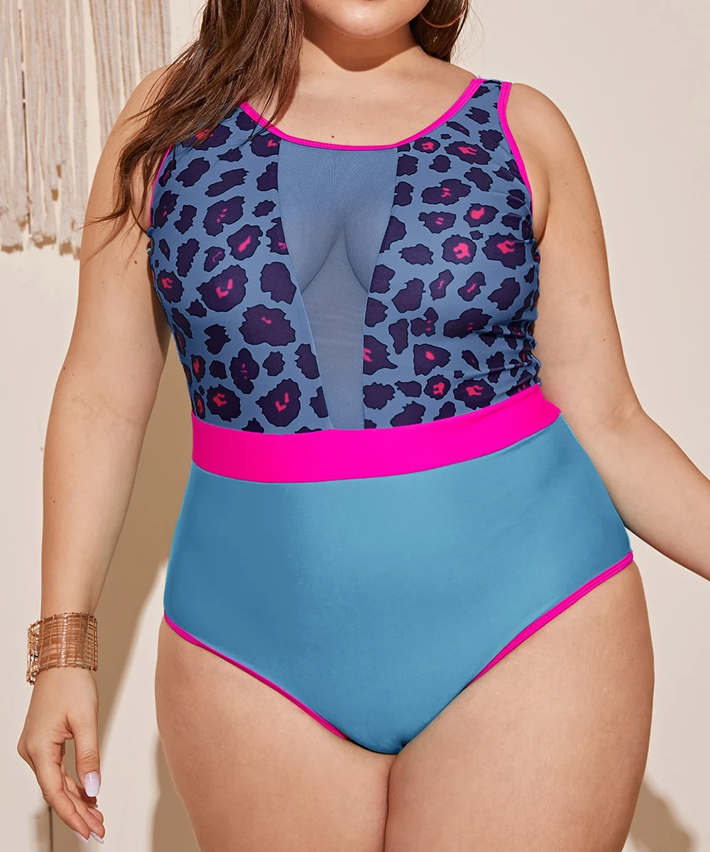 2023 Леопардовая сетка Плюс купальник, цельный купальник большого размера, женская летняя пляжная одежда, купальщицы, купальный костюм для плавания, женский Купальник