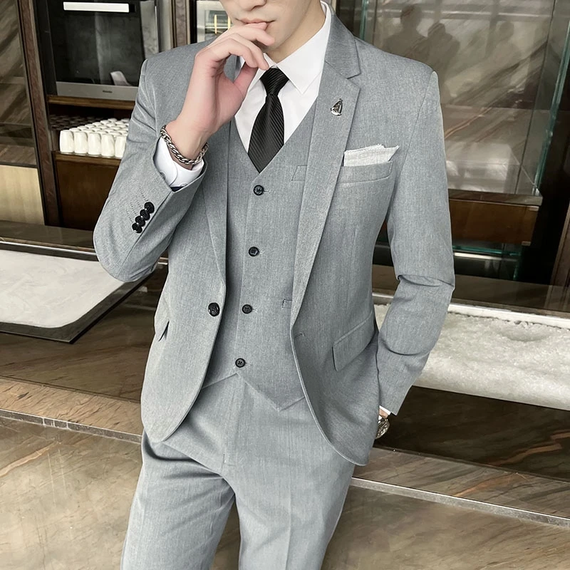 Мужской костюм высокого класса (Блейзер + жилет + брюки в западном стиле) 2023, приталенный деловой стиль, трендовый свадебный костюм жениха, Блейзер, комплект из трех частей