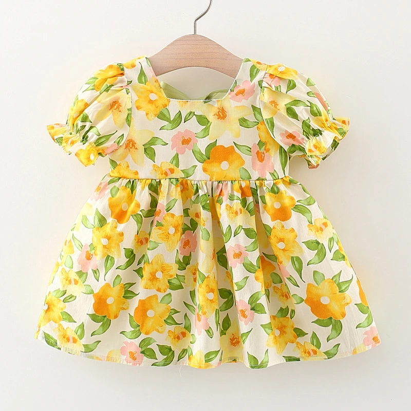 Летние наряды 2023, одежда для маленьких девочек, Корейская мода, хлопковые платья принцессы с короткими рукавами и цветами, платье для малышей BC342