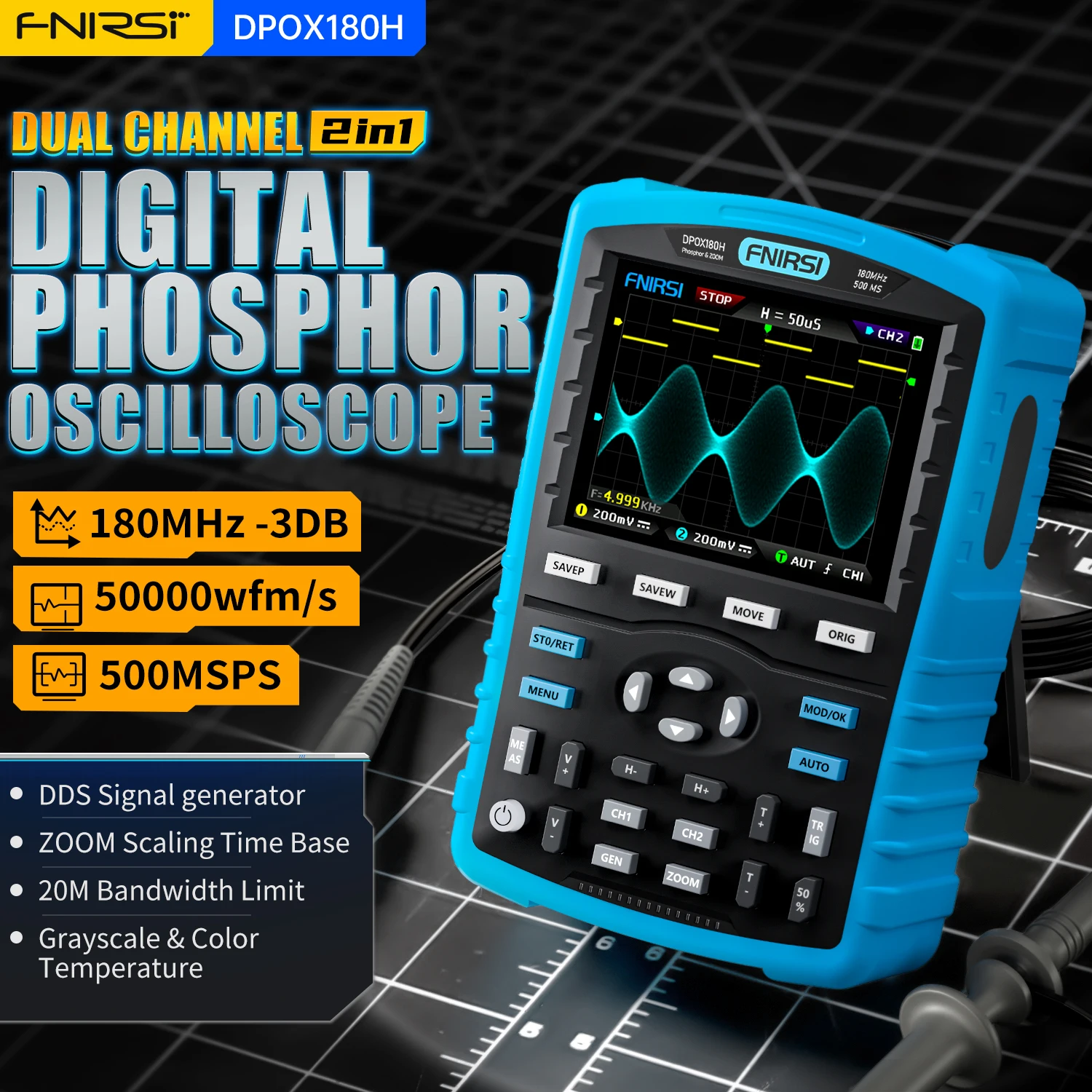 Ручной Цифровой Фосфорный осциллограф FNIRSI DPOX180H 2 в 1 Генератор сигналов 180 МГц -3 ДБ Аналоговая полоса пропускания 500 МС/с МАСШТАБИРОВАНИЕ в режиме XY
