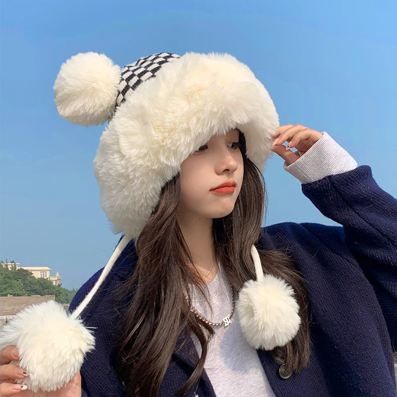 Корейская лыжная шапка для шахматной доски, женская милая теплая вязаная шапка Lei Feng с кисточками, теплая бейсболка на осень и зиму