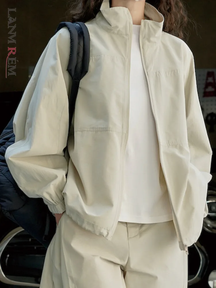 LANMREM Куртка со стоячим воротником, пальто для женщин, длинные рукава, Корейское пальто на молнии с завязками, Женская одежда, Новинка весны 2023, 2YA1685