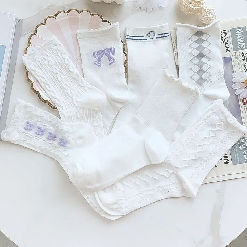 Новые носки с рюшами для девочек JK Harajuku Lolita INS, Универсальные Женские носки в клетку с Белым бантом носки женские