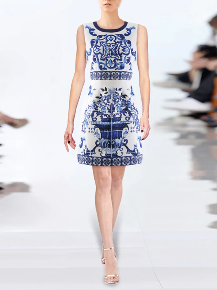 Жаккардовое хлопчатобумажное платье Уличной моды, женские летние мини-платья с бело-синим фарфоровым принтом