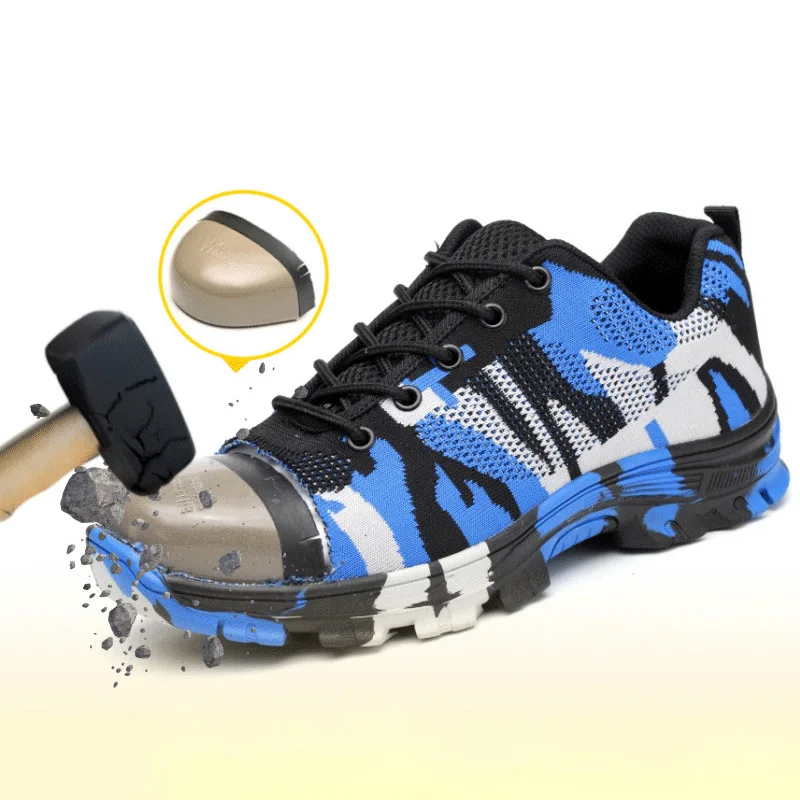 Новая синяя дышащая камуфляжная повседневная защитная обувь, устойчивая к проколам, нескользящая обувь для ходьбы, дышащая, Большой размер 48 47